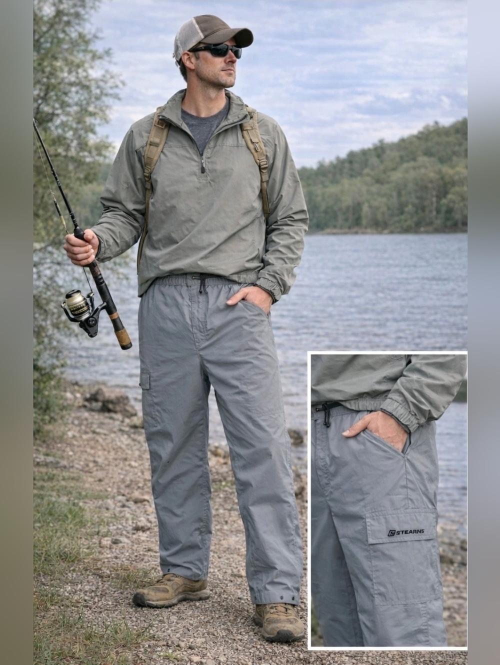 Stearns DryWear Rain Pants Mens Large Gray Nylon Mesh Lined Fishing Boating Snap